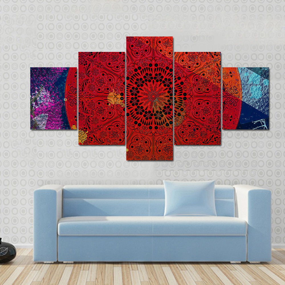 Intricate Red Mandala with Teal Accent Canvas Wall Art