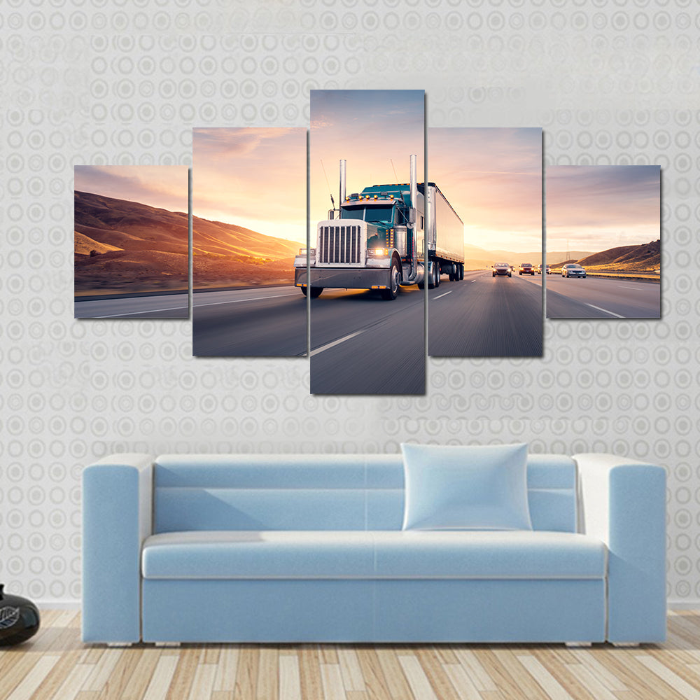 American Style Truck On Freeway Pulling Load Canvas Wall Art