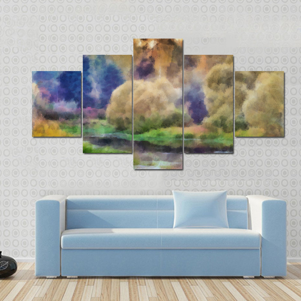 Autumn Watercolor Forest with River Canvas Wall Art