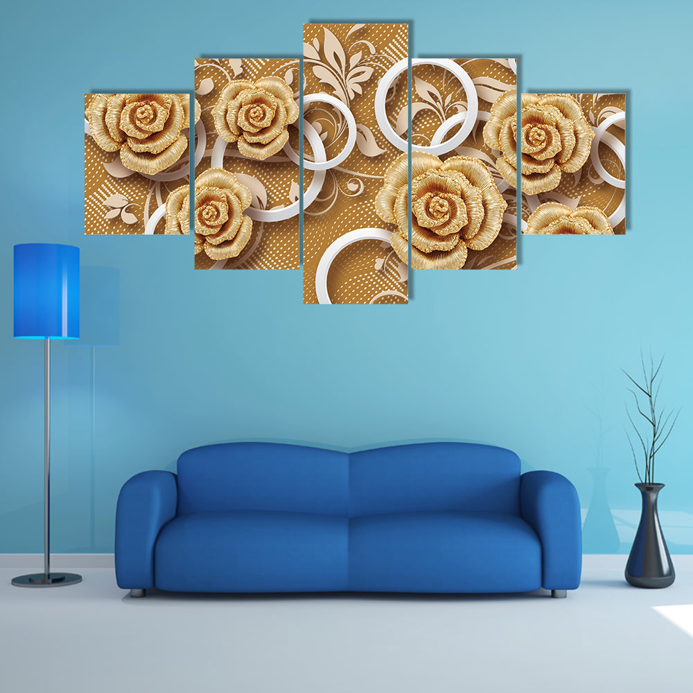 3d Golden Rose Flower Canvas Wall Art
