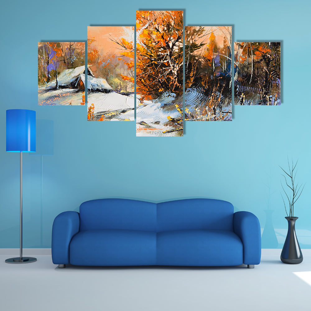 Snow-covered Cabin with Orange Foliage Canvas Wall Art