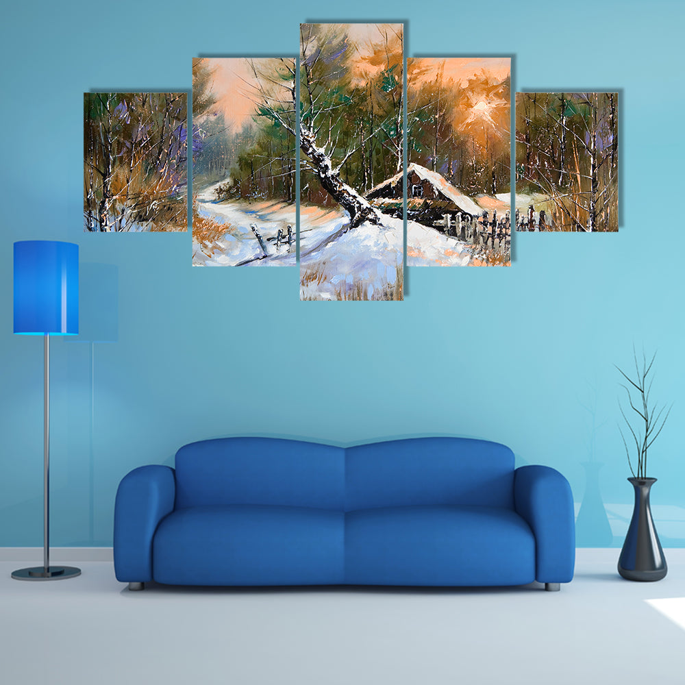 Snowy Cabin in Winter Forest Canvas Wall Art