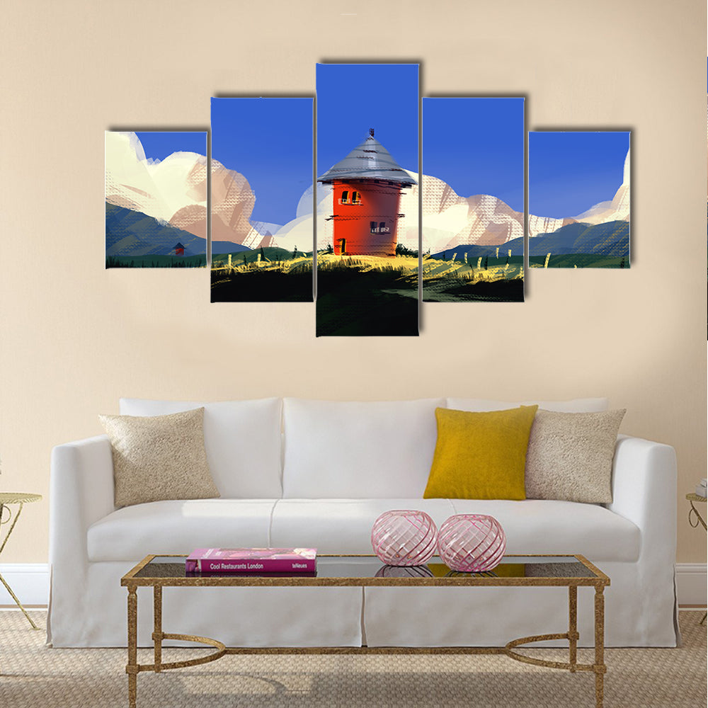Red Tower on Grassy Hill Canvas Wall Art