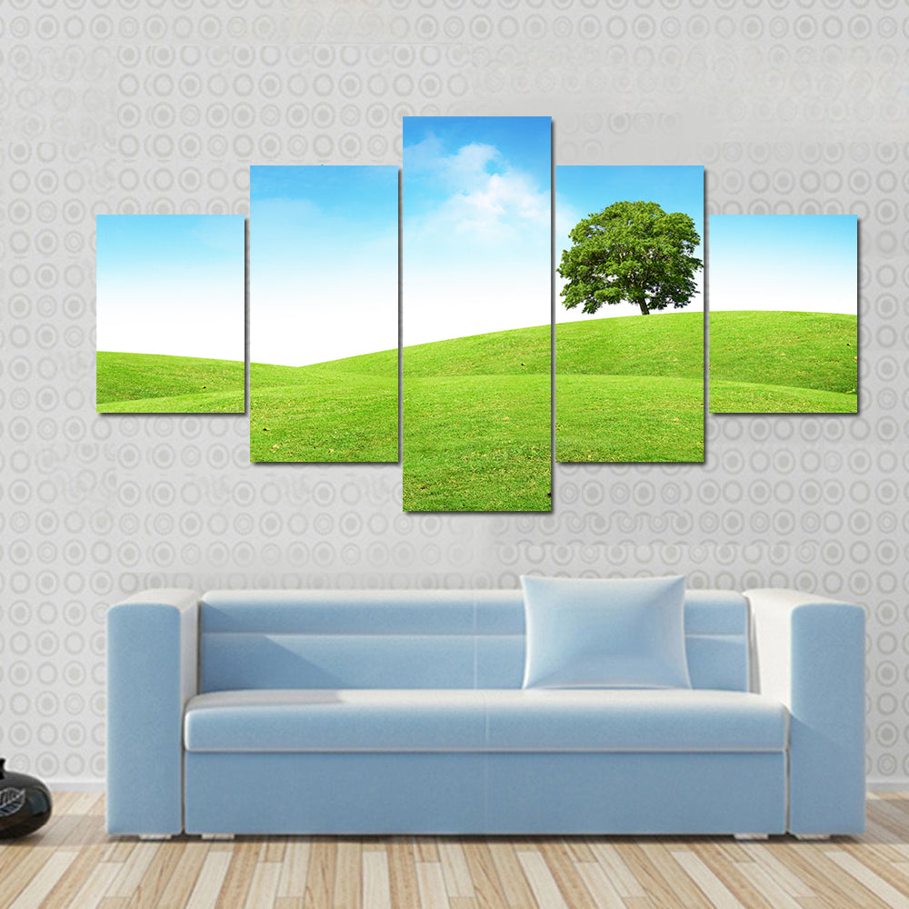 Lone Tree on Rolling Green Hills Canvas Wall Art