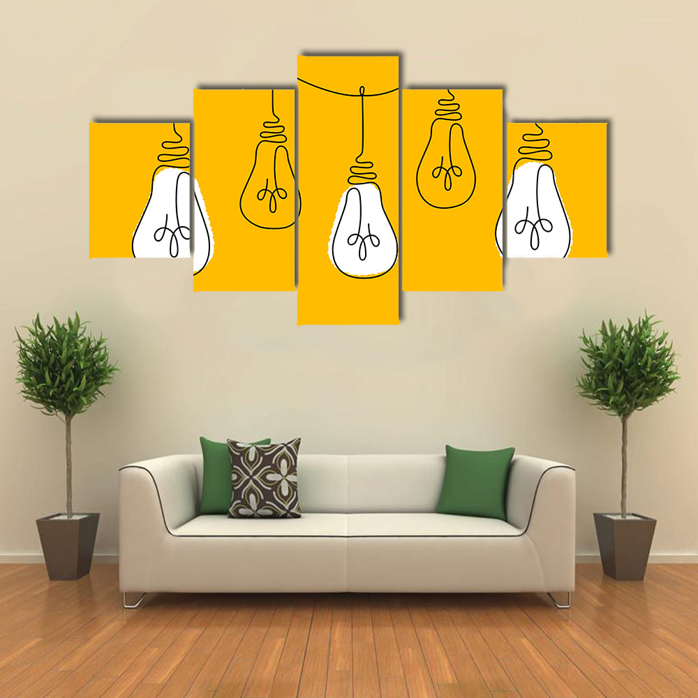 Five Light Bulbs Line on Yellow Canvas Wall Art