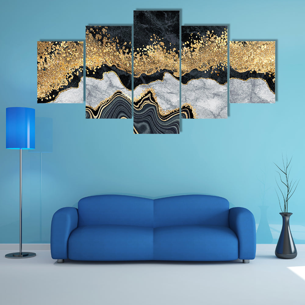 Gold-accented Black and White Marble Abstract Canvas Wall Art