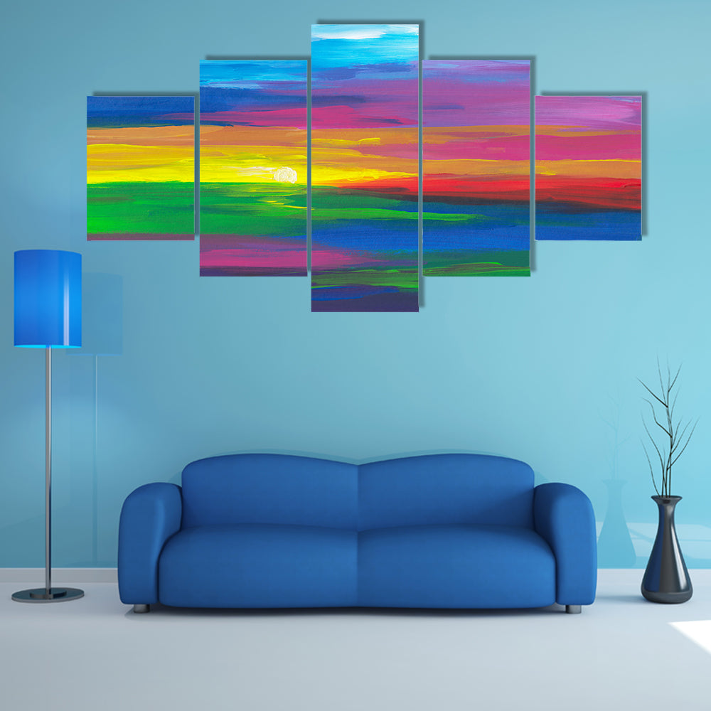 Abstract Sunset Landscape with Impasto Sun Canvas Wall Art