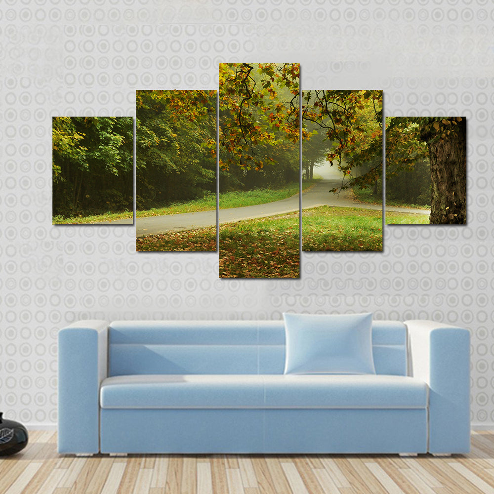 Misty Autumn Forked Path Canvas Wall Art