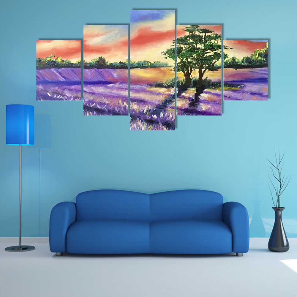 Lavender Field at Golden Sunset Canvas Wall Art