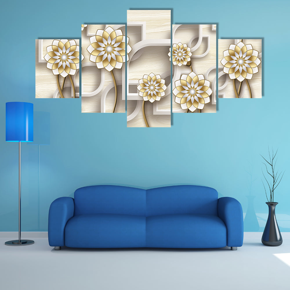 3d Gold and White Floral Illustration Canvas Wall Art