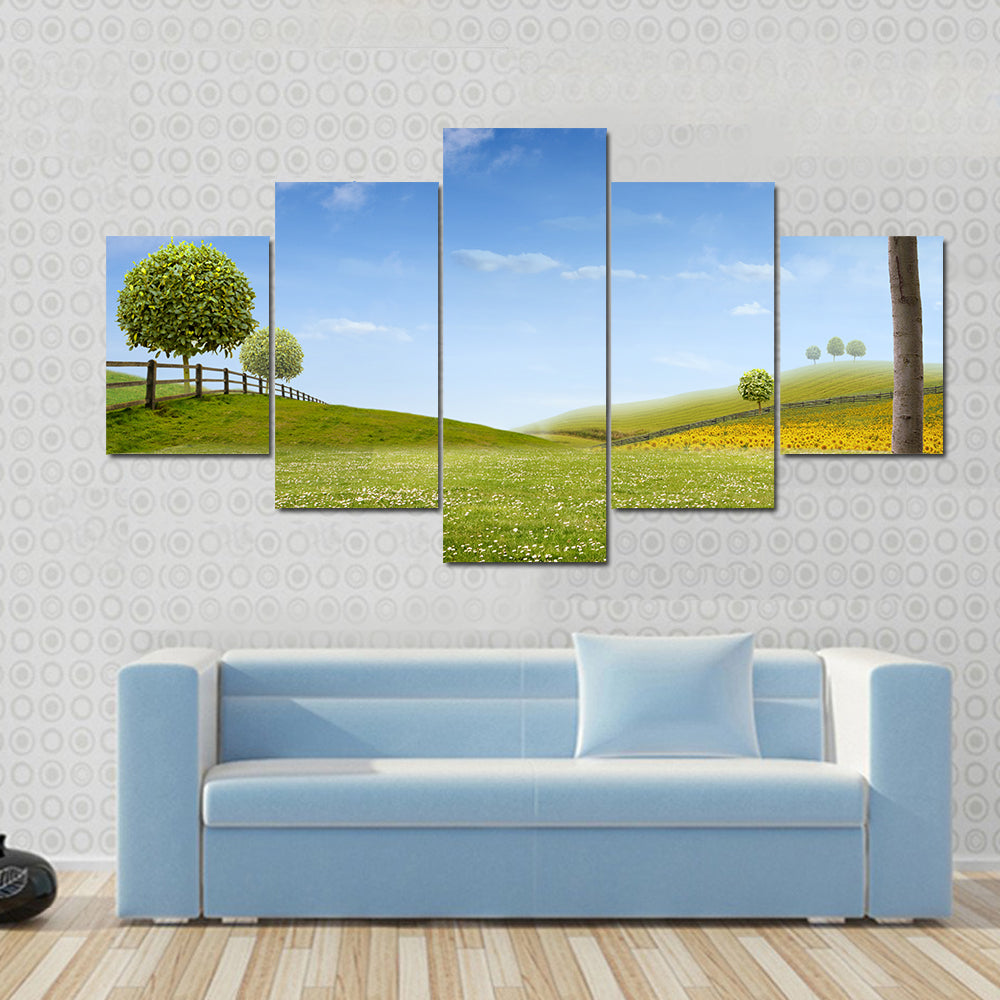 Summer Green Fields with Daisies Canvas Wall Art