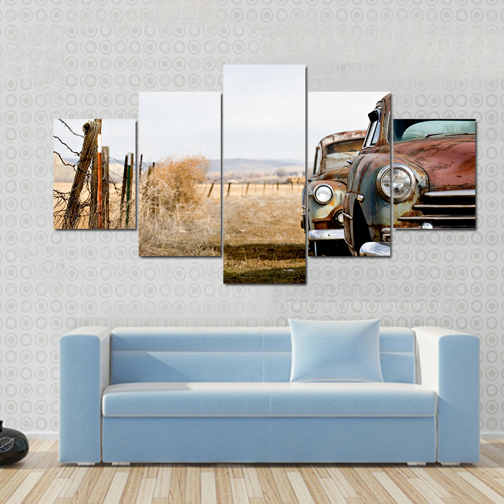 Rusty Vintage Cars in Rural Field Canvas Wall Art