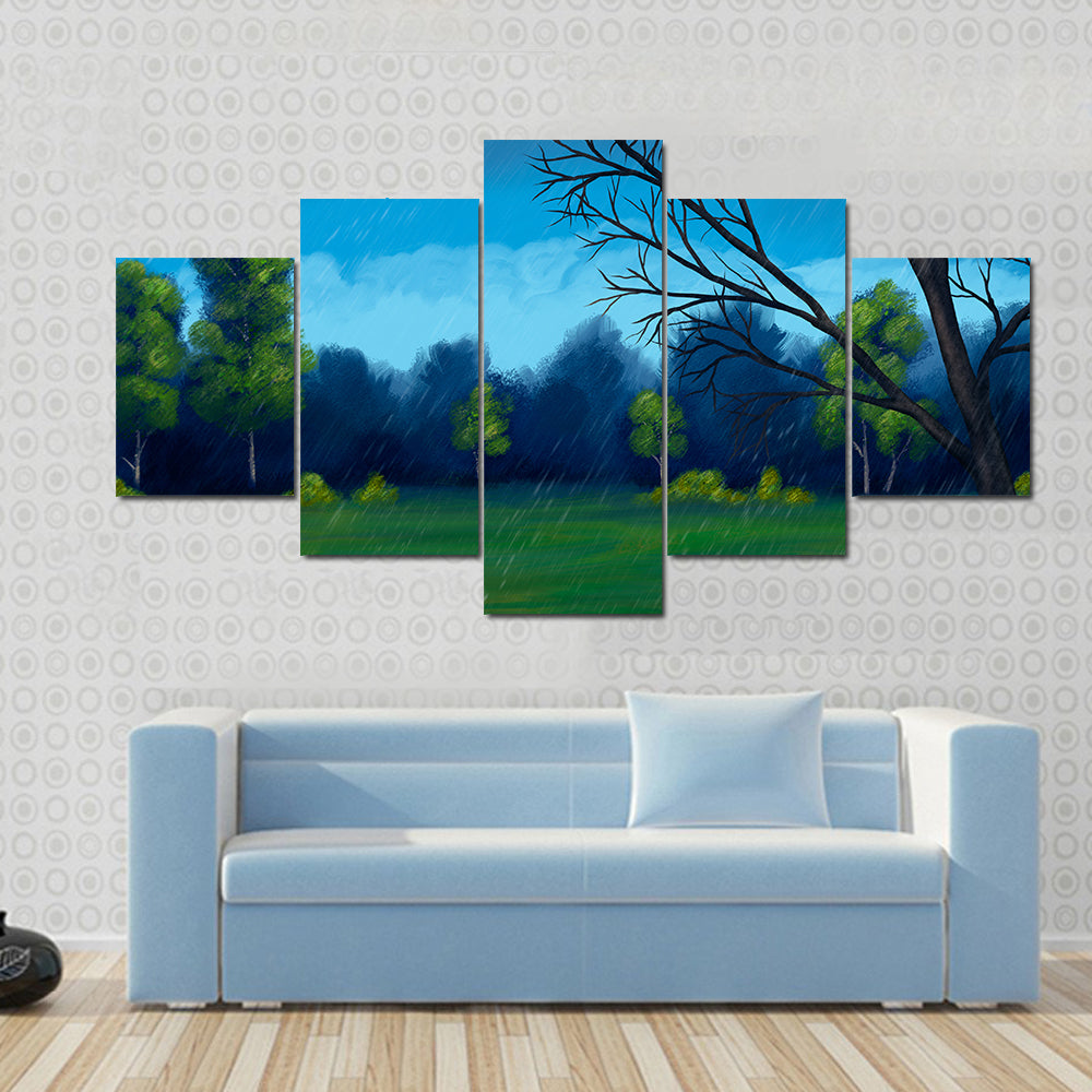 Rainy Green Field with Bare-branched Tree Canvas Wall Art