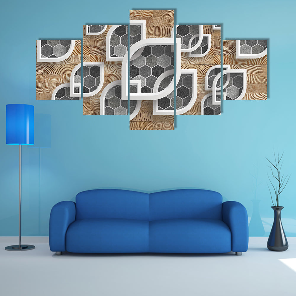 Layered Geometric Leaves with Wood Grain Canvas Wall Art