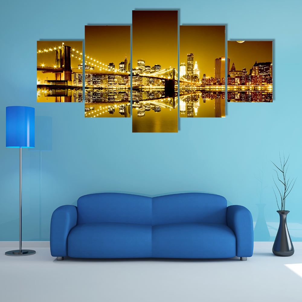 Moonlit Brooklyn Bridge and Lower Manhattan Canvas Wall Art