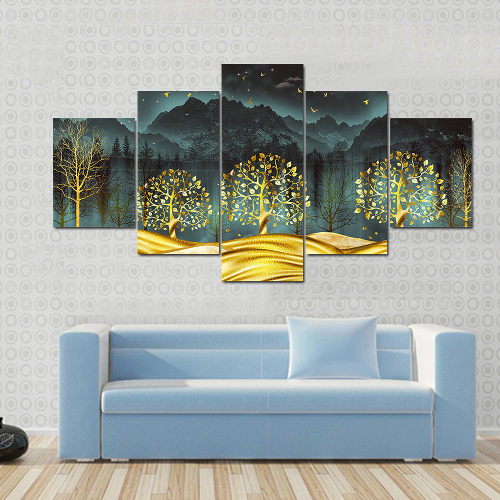 Moonlit Golden Trees Abstract Landscape Canvas Wall Art