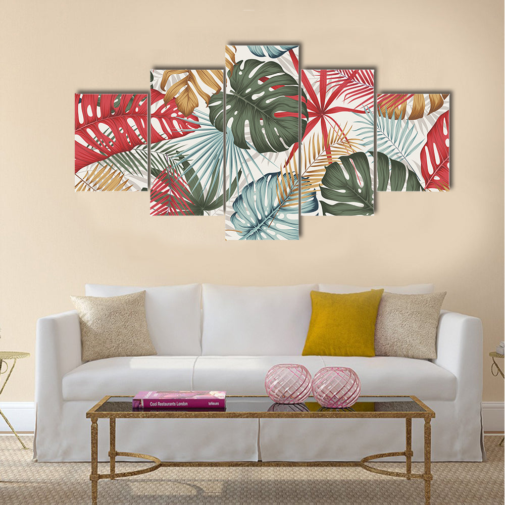 Seamless Colorful Monstera and Palm Leaves Canvas Wall Art