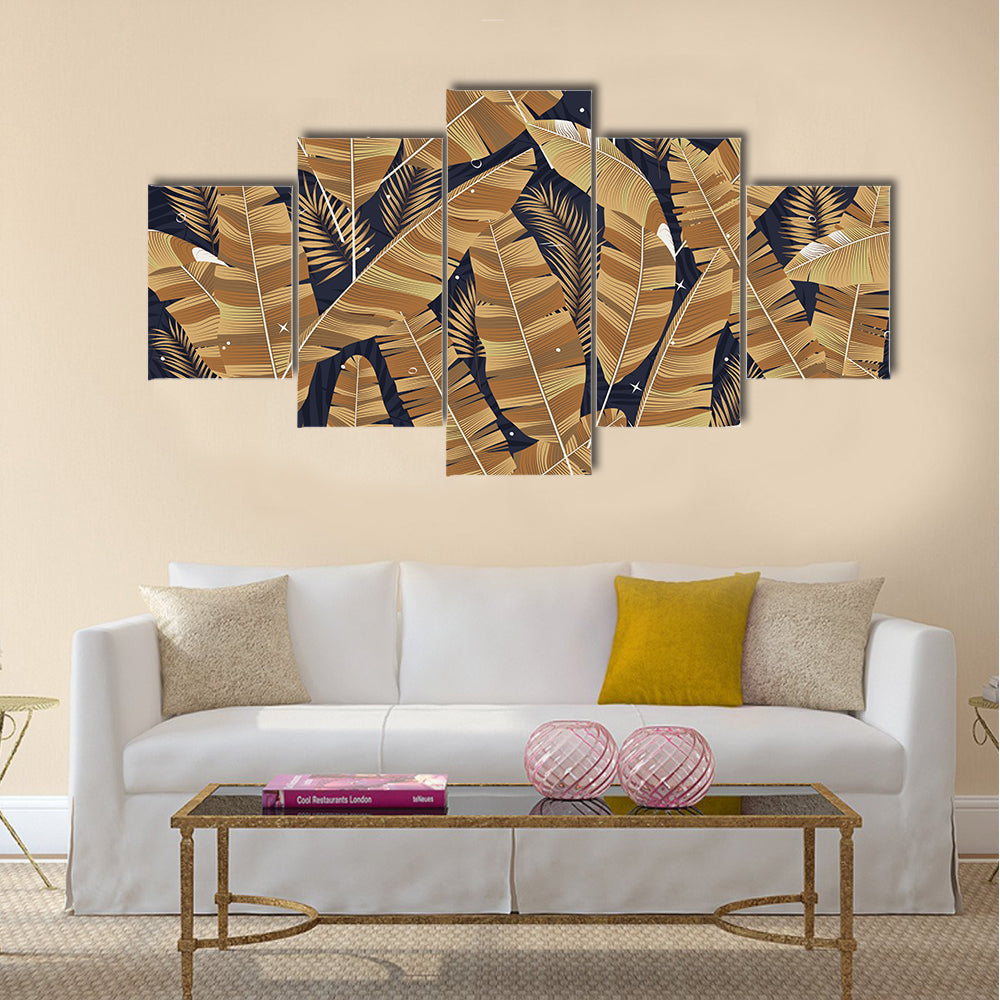 Banana Leaves Pattern in Navy and Gold Canvas Wall Art