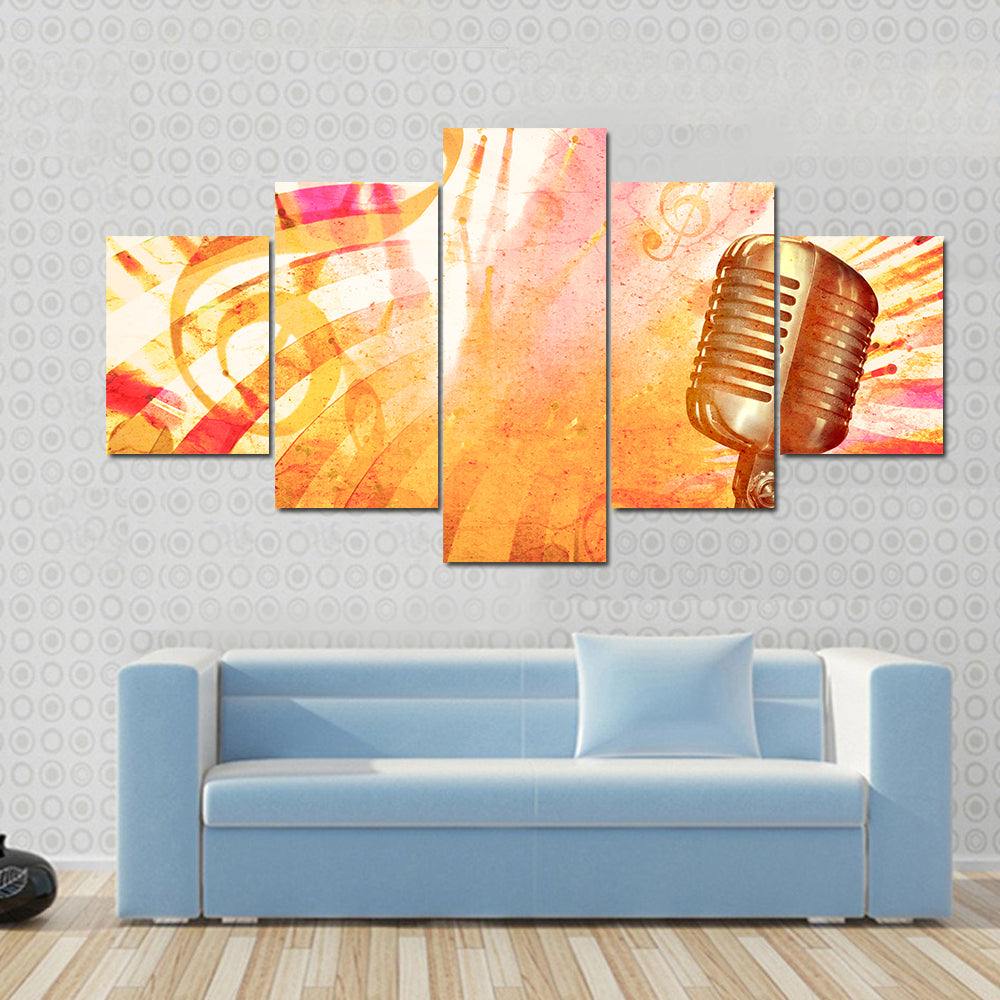 Retro Microphone with Musical Notes Canvas Wall Art