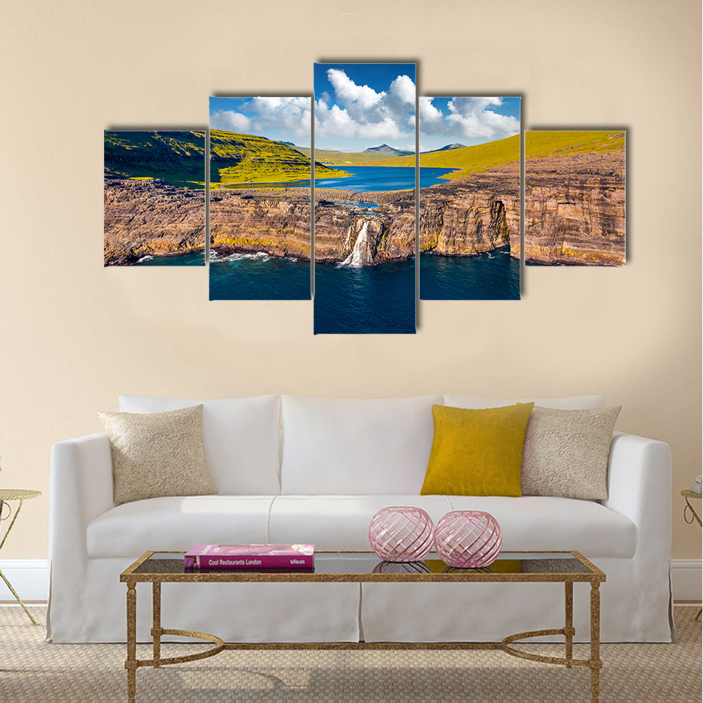 Bosdalafossur Waterfall And Sorvagsvatn Lake In Denmark Canvas Wall Art
