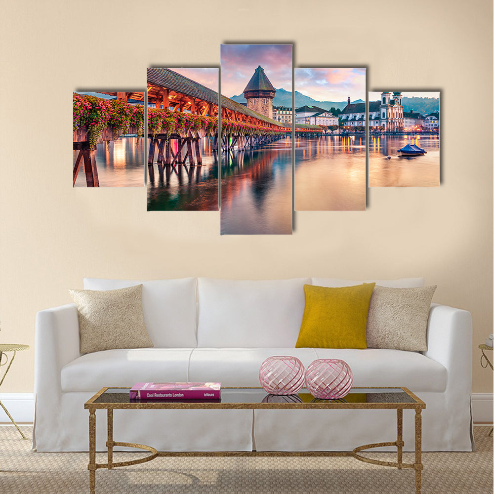 Old Wooden Chapel Bridge Kapellbrucke In Switzerland Canvas Wall Art
