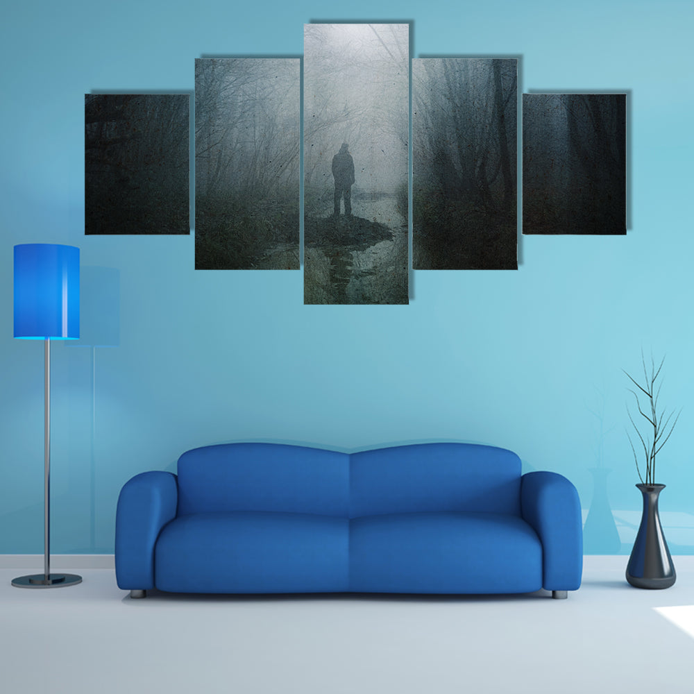 Silhouette at Stream in Misty Forest Canvas Wall Art