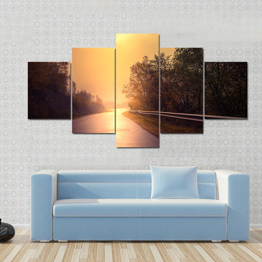 Windy Road Among The Forest At Sunset Canvas Wall Art