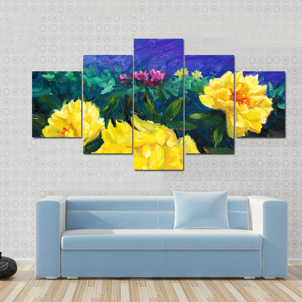 Blooming Yellow Peonies with Textured Blue Background Canvas Wall Art