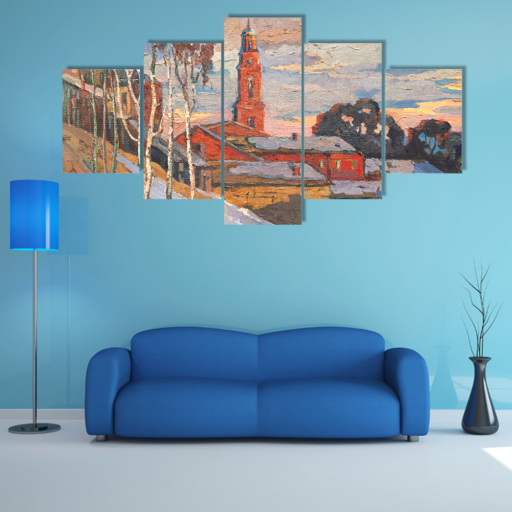 Snowy Hillside Town with Belfry Tower Canvas Wall Art