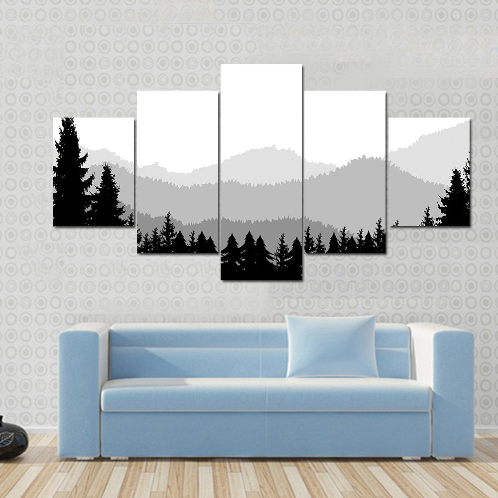 Monochrome Mountain Ranges with Pine Silhouettes Canvas Wall Art