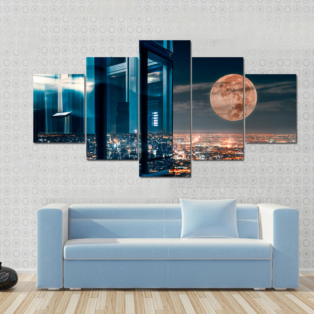Bangkok Night Skyline with Full Moon Canvas Wall Art