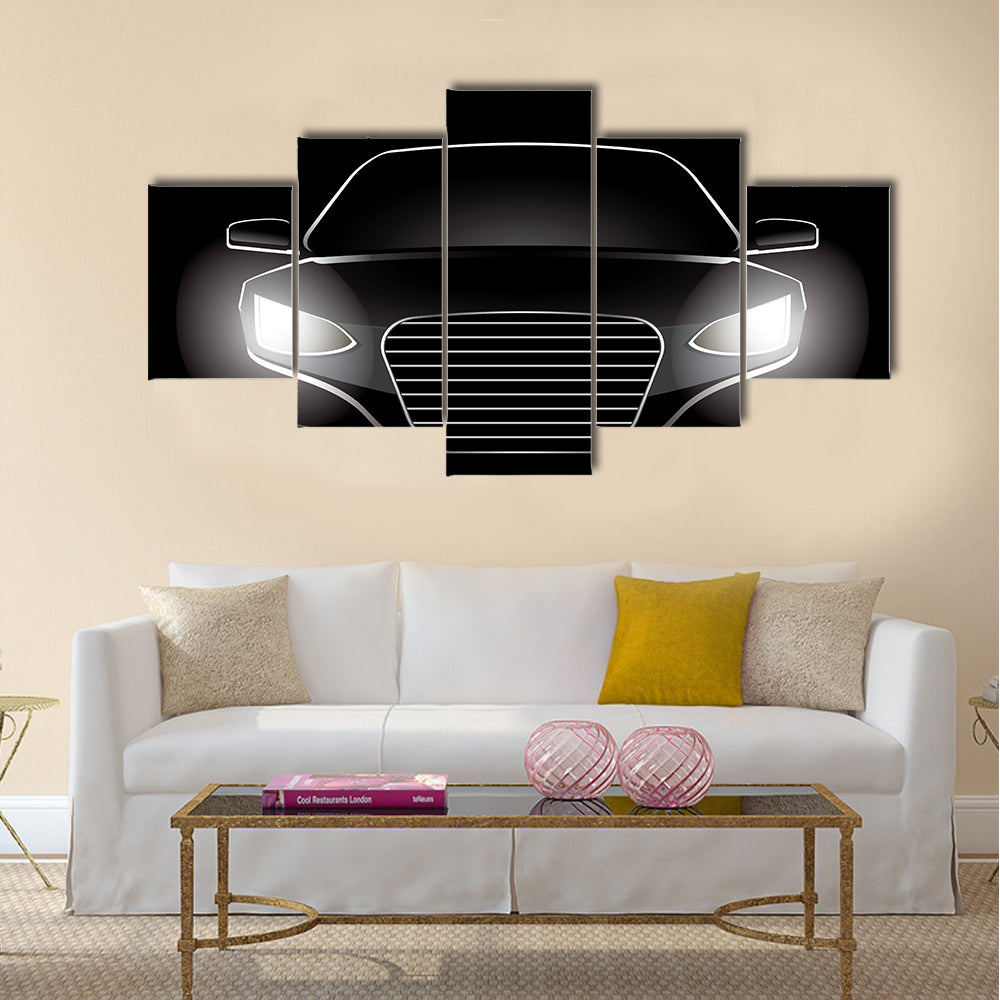 Black Car Silhouette with Glowing Headlights Canvas Wall Art