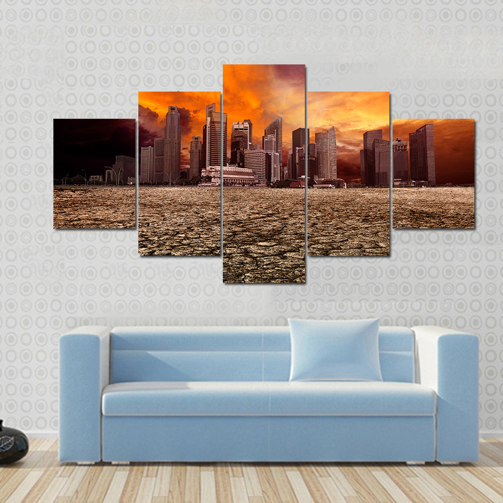 Apocalyptic City Skyline Over Cracked Earth Canvas Wall Art