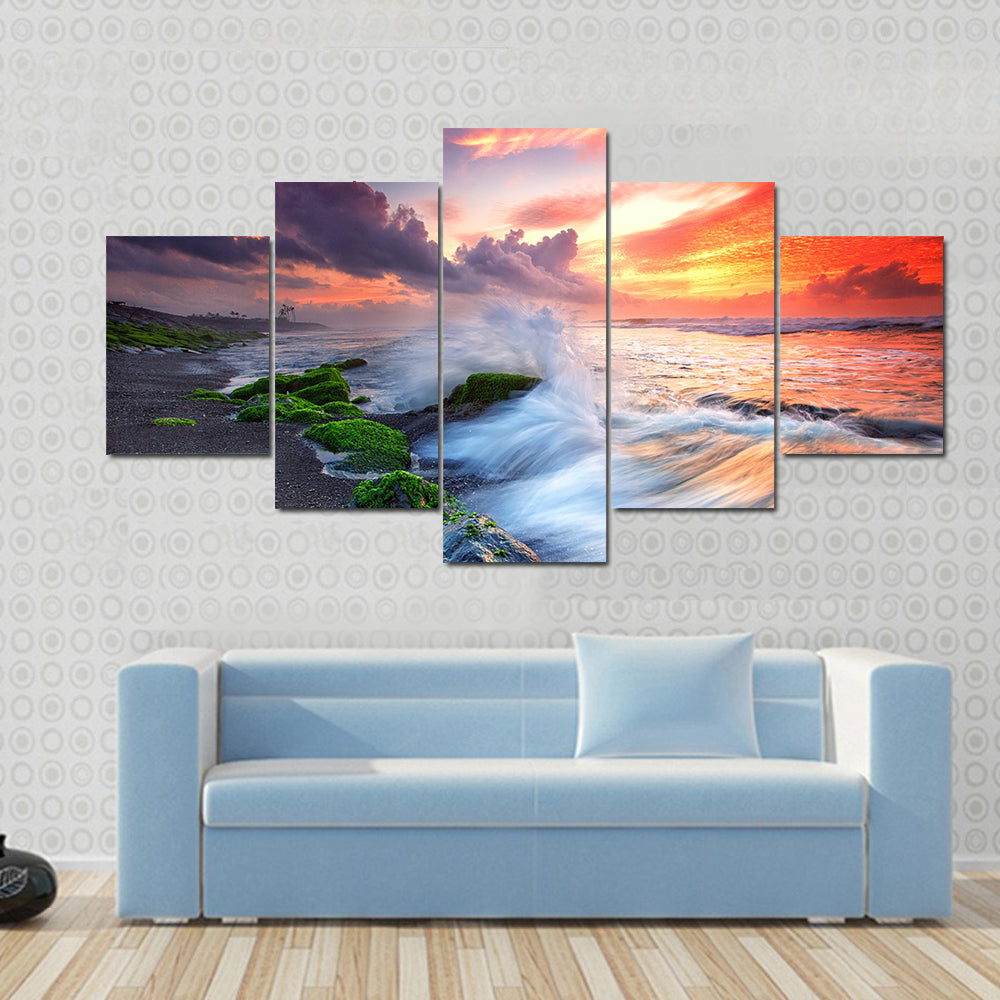 Burning Sky Over Black Sand Beach Canvas Wall Art