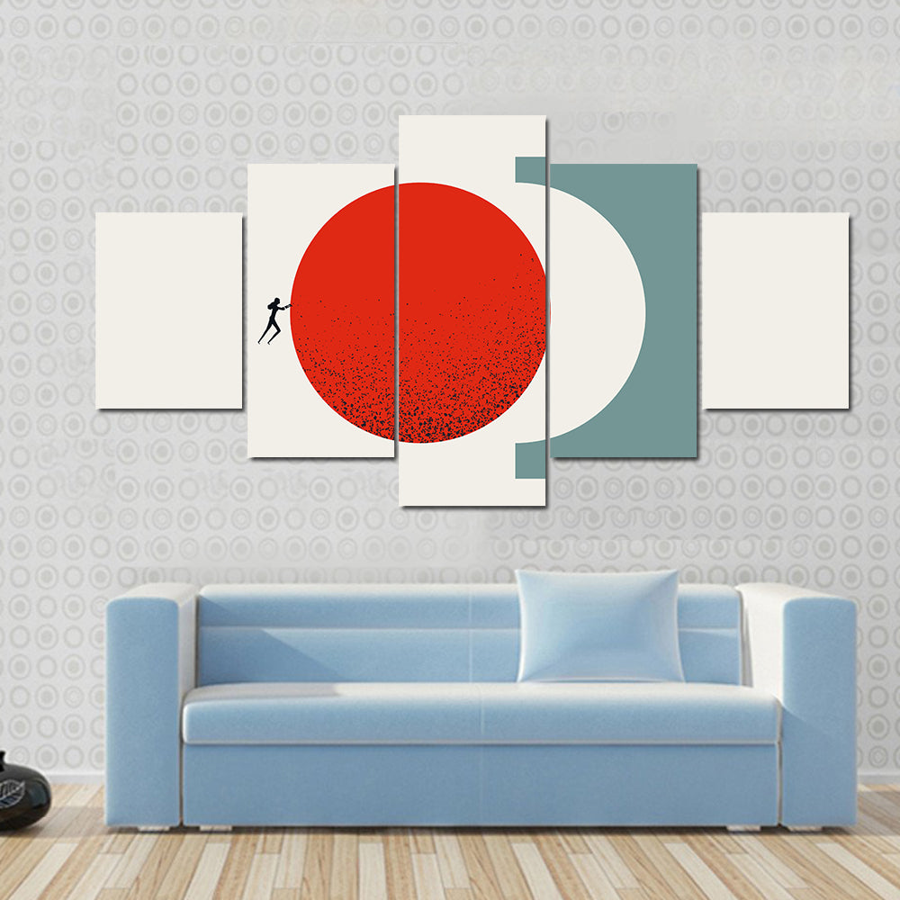 Silhouette Pushing Red Circle Canvas Wall Art