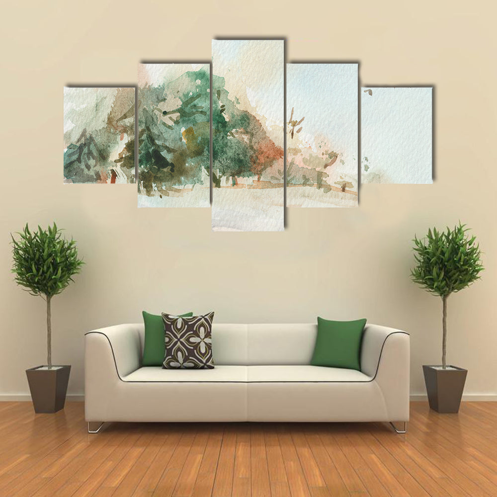 Misty Morning Landscape with Trees Canvas Wall Art