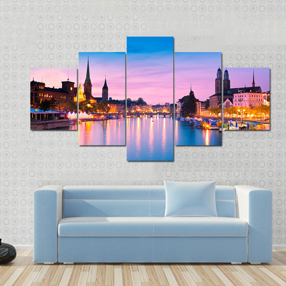 Zurich Skyline At Blue Hour In Switzerland Canvas Wall Art