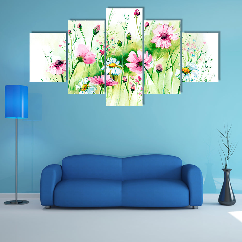 Pink Cosmos and White Daisies Meadow Canvas Wall Art