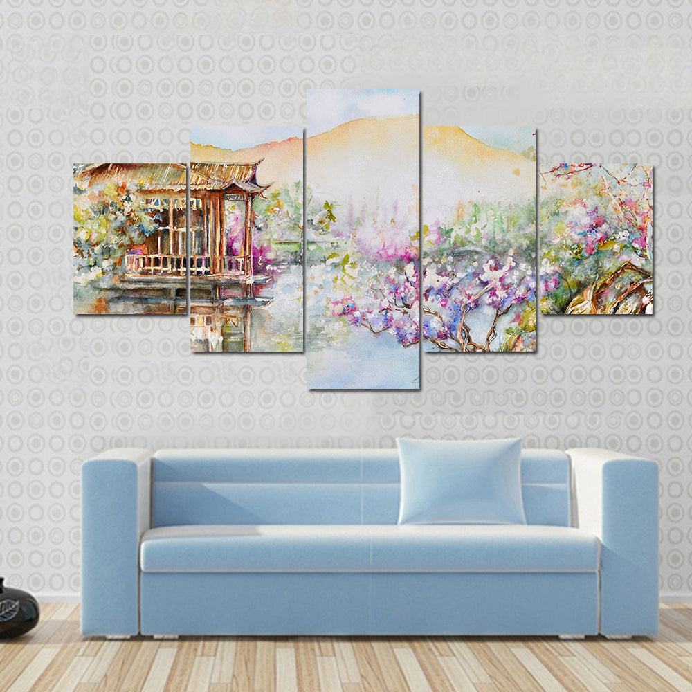 West Lake Stilt House with Pink Blossoms Canvas Wall Art