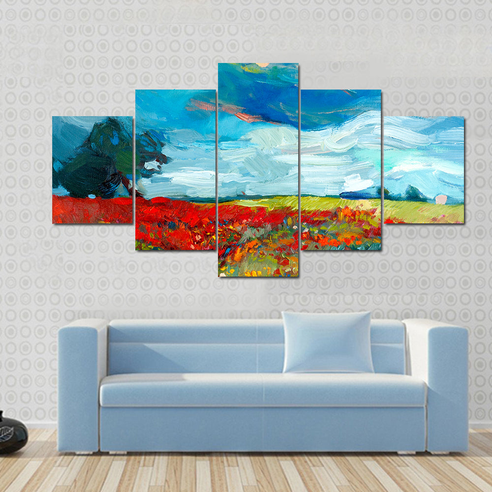 Red Poppy Field Abstract Landscape Canvas Wall Art