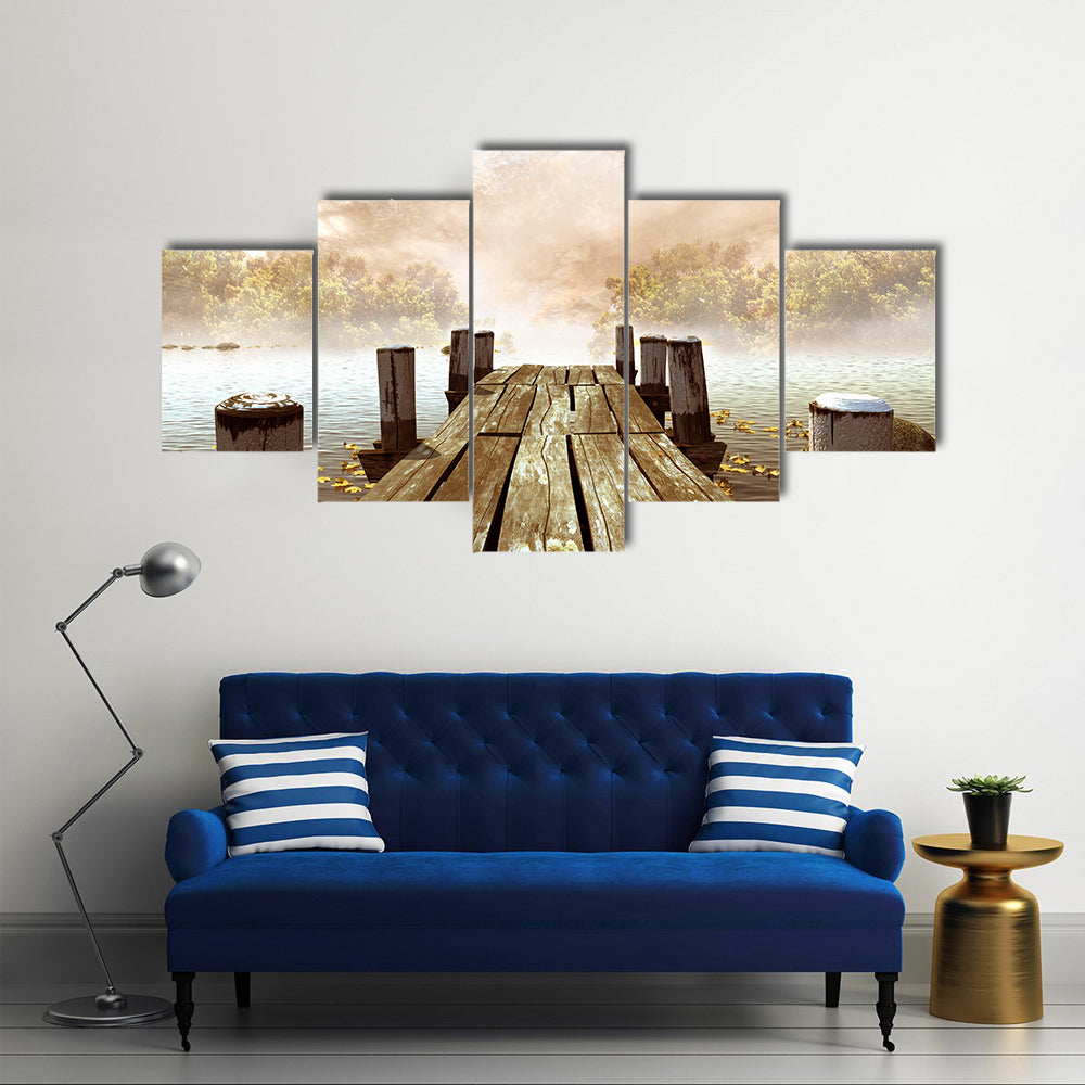 Wooden Dock on Misty Lake Canvas Wall Art