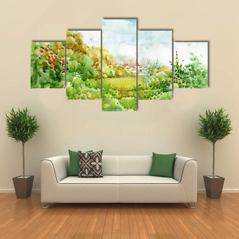 Village Watercolor Landscape with Red-roofed Church Canvas Wall Art