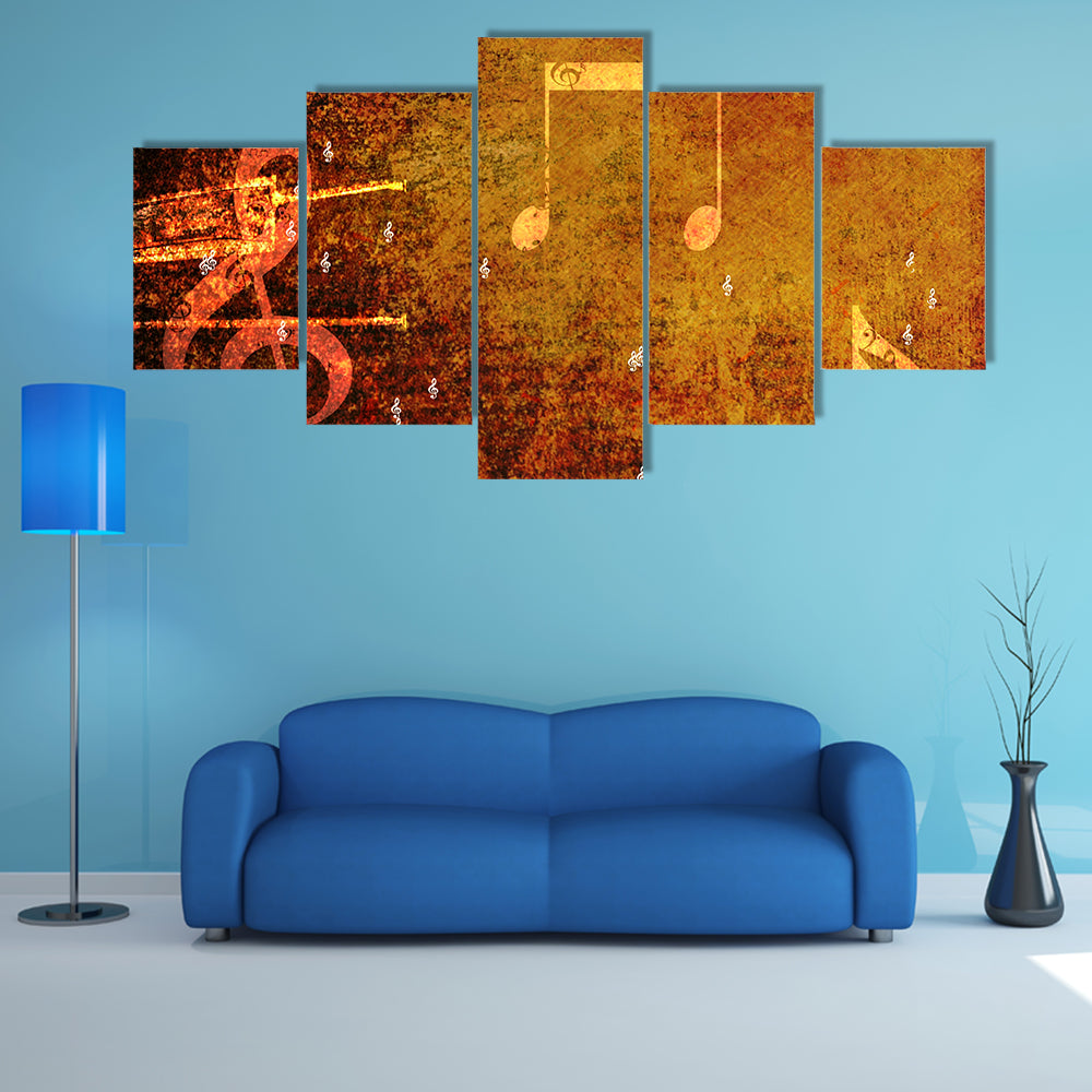 Grunge Music Notes with Golden-orange Glow Canvas Wall Art