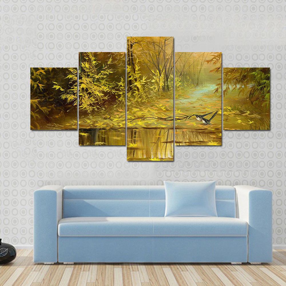 Golden Autumn Forest with Reflecting Puddle Canvas Wall Art