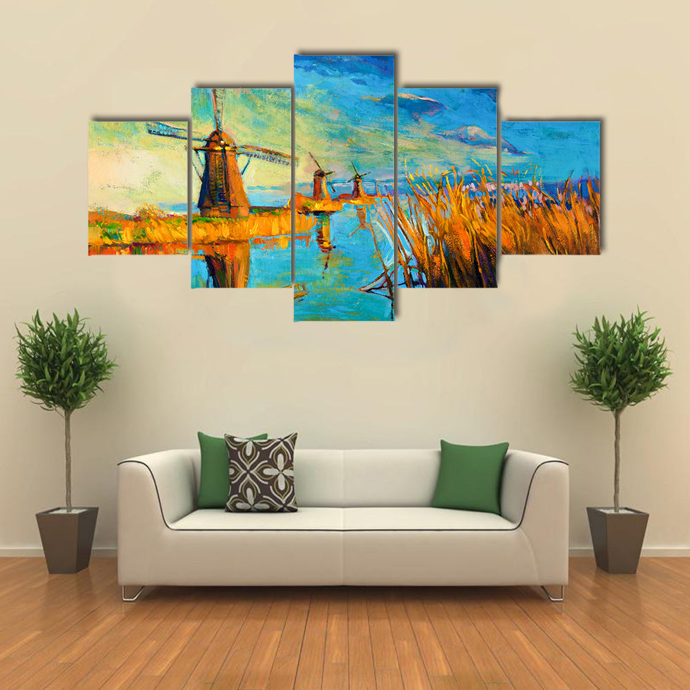 Windmill Landscape at Sunset Canvas Wall Art