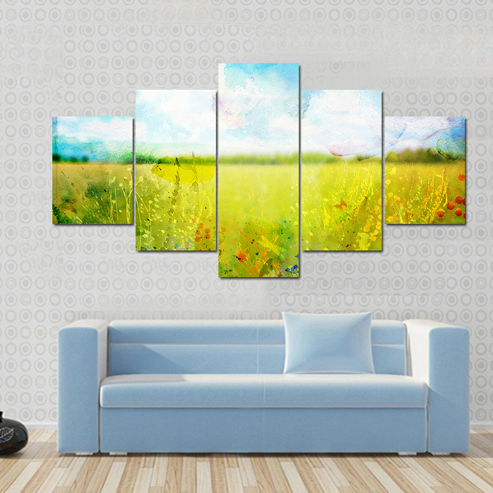 Village Meadow Watercolor Landscape Canvas Wall Art