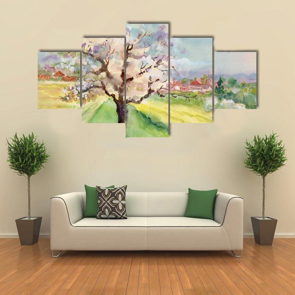 Village Life Watercolor Landscape Canvas Wall Art