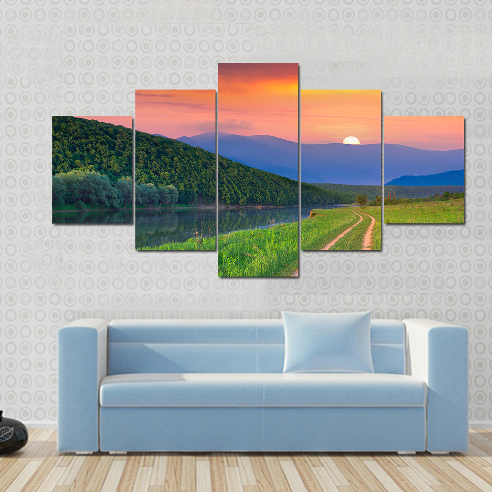 Sunset Meadow with River and Dirt Road Canvas Wall Art