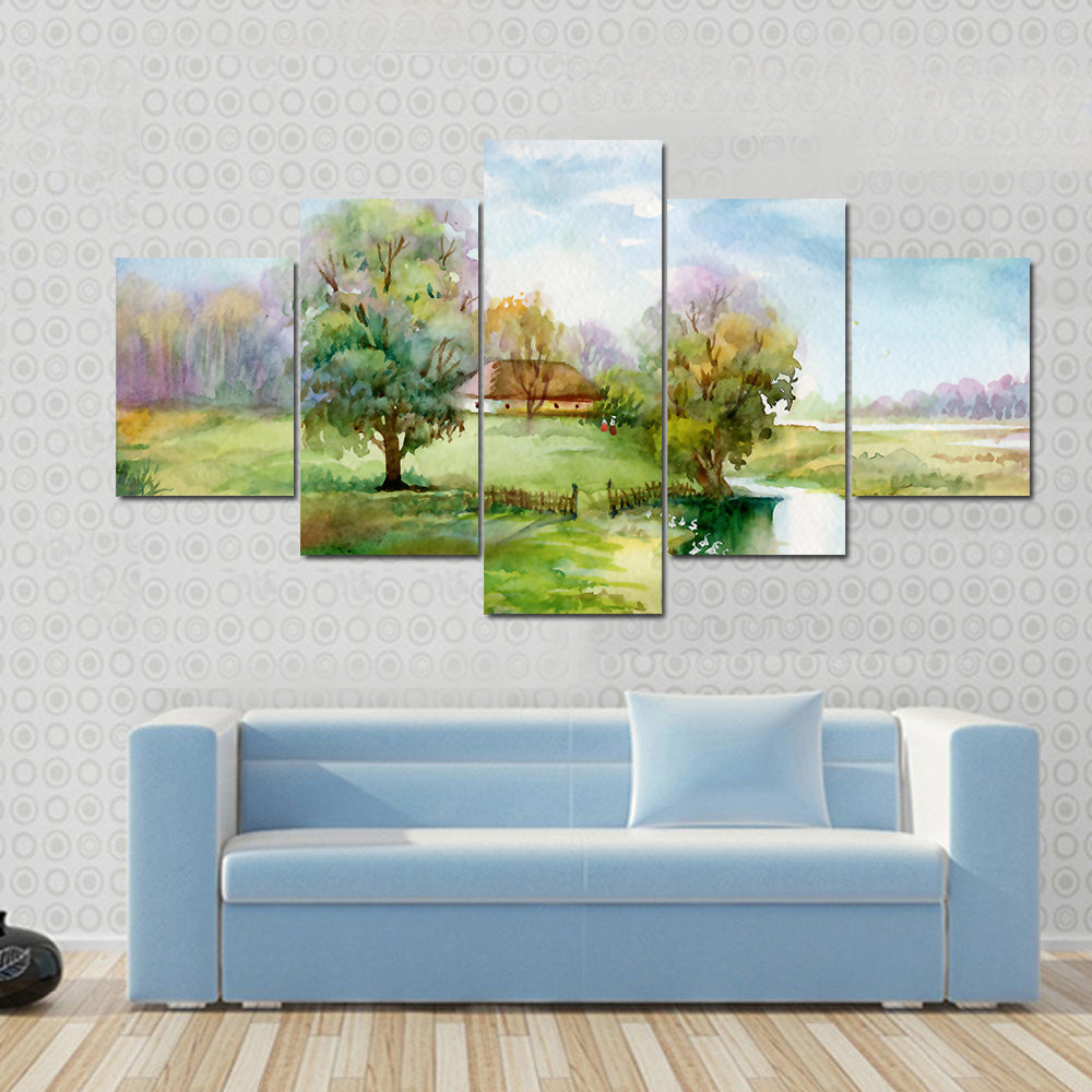 Thatched Cottage Beside Winding River Canvas Wall Art