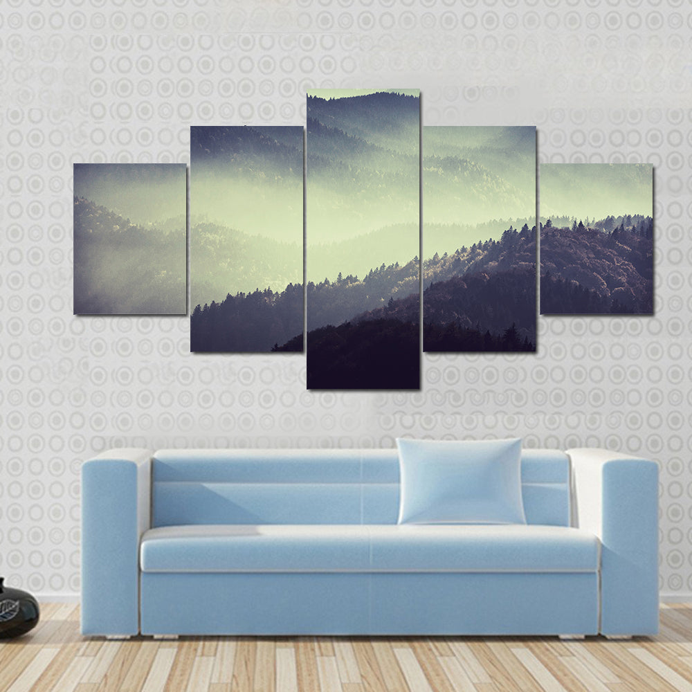 Misty Mountain Valley with Tower Silhouette Canvas Wall Art